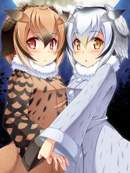 Rule 34 | 10s, 2girls, anni minto, brown eyes, brown hair, coat, commentary request, eurasian eagle owl (kemono friends), full moon, fur collar, gradient hair, head wings, highres, kemono friends, looking at viewer, moon, multicolored hair, multiple girls, northern white-faced owl (kemono friends), orange eyes, short hair, silver hair, wings, winter clothes, winter coat