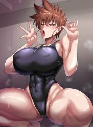 Rule 34 | 1girl, absurdres, adjusting clothes, adjusting swimsuit, ass, black one-piece swimsuit, blue eyes, blush, breasts, brown eyes, brown hair, cameltoe, cleft of venus, cowboy shot, curvy, fellatio gesture, fingernails, game cg, highleg, highleg swimsuit, highres, honoo no toukyuuji: dodge danpei, huge ass, ichigeki haruka, large breasts, medium hair, one-piece swimsuit, open mouth, puripuri jet, shiny clothes, shiny skin, skindentation, smile, solo, spiked hair, squatting, sweat, swimsuit, thighs, tongue, tongue out, wet, wide hips