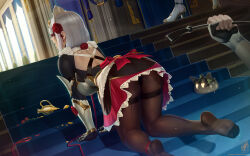 Rule 34 | 1girl, 2others, all fours, ass, black pantyhose, broken vase, corset, dress, feet, from behind, gauntlets, genshin impact, high heels, highres, indoors, multiple others, noelle (genshin impact), open mouth, panties, panties under pantyhose, pantyhose, riding crop, soles, stairs, themaestronoob, thighband pantyhose, underwear, white hair
