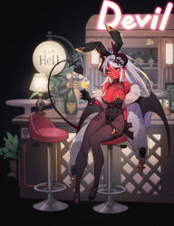 Rule 34 | 1girl, absurdres, alcohol, animal ears, bar (place), black wings, bottle, breasts, brown pantyhose, chair, cleavage, colored skin, covered navel, cup, demon girl, demon horns, demon tail, demon wings, earrings, fake animal ears, full body, hellk111, highres, holding, holding cup, horns, jewelry, lamp, large breasts, leotard, long hair, looking at viewer, on chair, original, pantyhose, playboy bunny, pointy ears, rabbit ears, red skin, sitting, smile, solo, tail, thigh strap, white hair, wings, yellow eyes