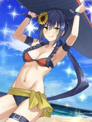 Rule 34 | 1girl, :q, armpits, arms up, bare shoulders, beach, bikini, blue bikini, blue hair, blue sky, blush, breasts, cleavage, closed mouth, cloud, collarbone, creatures (company), day, flower, frilled bikini, frilled bikini top, frills, game freak, garchomp, gen 4 pokemon, groin, hair between eyes, hair flower, hair ornament, highres, holding, holding surfboard, horizon, long hair, low ponytail, medium breasts, mismatched bikini, navel, nintendo, ocean, outdoors, personification, pokemon, pokemon dppt, ponytail, red bikini, sidelocks, sky, smile, solo, somechime (sometime1209), sparkle, sunflower, sunflower hair ornament, surfboard, swimsuit, tongue, tongue out, two side up, v-shaped eyebrows, very long hair, water, yellow flower