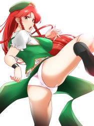 Rule 34 | 1girl, ass, blush, breasts, chinese clothes, chinese hat, crotch, green eyes, hat, hat ornament, highres, hong meiling, kicking, large breasts, long hair, looking at viewer, looking back, open mouth, panties, red hair, shiraue yuu, simple background, solo, spread legs, star (symbol), star hat ornament, teeth, touhou, underwear, upper teeth only, white background, white panties, wristband