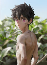 Rule 34 | 1boy, absurdres, beitemian, black hair, blurry, blurry background, bright pupils, depth of field, hair between eyes, highres, jewelry, kemono jihen, kusaka kabane, leaf, looking at viewer, male focus, necklace, parted lips, pink eyes, plant, topless male, short hair, solo, upper body, white pupils