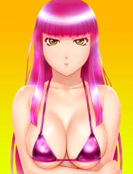 Rule 34 | 1girl, bare shoulders, blunt bangs, breast hold, breasts, cleavage, collarbone, colored eyelashes, crossed arms, large breasts, long hair, looking at viewer, original, pink hair, simple background, solo, ueyama michirou, yellow background, yellow eyes