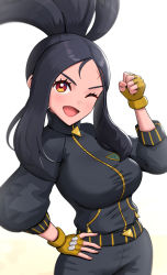 Rule 34 | 1girl, black hair, clenched hand, creatures (company), dendra (pokemon), fingerless gloves, game freak, gloves, gonzarez, high ponytail, highres, looking at viewer, nintendo, one eye closed, pokemon, pokemon sv, sidelocks, smile, solo, track suit, v-shaped eyebrows, yellow gloves