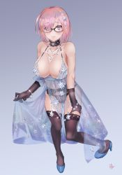 Rule 34 | 1girl, albreo, areola slip, artoria pendragon (lancer alter) (fate), artoria pendragon (lancer alter) (royal icing) (fate), bare shoulders, black panties, blue background, blush, breasts, collarbone, commentary, fate/grand order, fate (series), glasses, gloves, gradient background, highres, large breasts, looking at viewer, mash kyrielight, official alternate costume, panties, purple eyes, purple hair, royal icing, solo, underwear