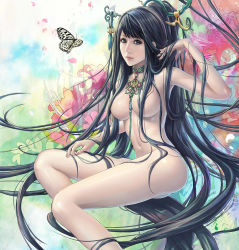 Rule 34 | 1girl, absurdly long hair, bug, butterfly, choker, convenient censoring, eat, eat0123, hair censor, hair ornament, highres, bug, jewelry, long hair, necklace, nude, original, ponytail, sitting, solo, very long hair