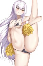 Rule 34 | 1girl, absurdres, ass, bare shoulders, bikini, black bikini, blush, breasts, brown eyes, cameltoe, cheerleader, cleavage, cleft of venus, collarbone, crotch, melusine (fate), fate/grand order, fate (series), forked eyebrows, groin, highres, holding, holding pom poms, kneepits, leg lift, leg up, long hair, looking at viewer, micro bikini, navel, partially visible vulva, pom pom (cheerleading), pom poms, sharen, sidelocks, simple background, small breasts, smile, solo, split, standing, standing on one leg, standing split, stomach, swimsuit, thick thighs, thighs, underboob, white background, white hair