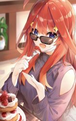 Rule 34 | 1girl, ahoge, blue eyes, cake, commentary request, cream, food, fork, fruit, go-toubun no hanayome, hair ornament, highres, holding, holding fork, kurokuro illust, long hair, long sleeves, looking over eyewear, looking over glasses, nakano itsuki, open mouth, purple sweater, red hair, restaurant, star (symbol), star hair ornament, strawberry, sunglasses, sweatdrop, sweater, tinted eyewear, upper body