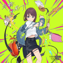 Rule 34 | 1girl, absurdres, album cover, anpan, belt, black skirt, blue eyes, book, bread, broken, brown hair, cable, carrying, cellphone, closed mouth, coin, commentary request, cover, denim, denim jacket, emphasis lines, feet out of frame, food, girls band cry, guitar, highres, holed coin, instrument, iseri nina, jacket, looking at viewer, official art, phone, piggy bank, second-party source, shirt, short hair, short twintails, skirt, smartphone, solo, sparks, standing, teshima nari, torn clothes, torn jacket, twintails, white shirt, wince, yellow background, yen, zipper, zipper skirt
