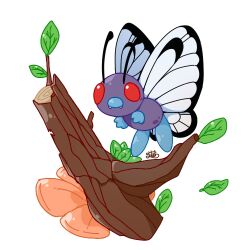 Rule 34 | antennae, branch, bug, butterfly, butterfree, creatures (company), fangs, flower, game freak, gen 1 pokemon, insect, leaf, nintendo, no humans, orange flower, pokemon, pokemon (creature), red eyes, simple background, white background, zuiaimao