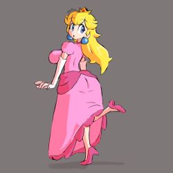 Rule 34 | 1girl, arms at sides, artist name, ass, back, blonde hair, blue eyes, breasts, crown, dot nose, dress, earrings, elbow gloves, from behind, full body, fupoo, gloves, grey background, high heels, huge ass, jewelry, large breasts, long dress, long hair, looking back, mario (series), nintendo, open hand, parted lips, pink dress, pink footwear, princess, princess peach, puffy short sleeves, puffy sleeves, shadow, short sleeves, sideboob, simple background, solo, standing, standing on one leg, super mario bros. 1, tiptoes, twitter username, white gloves, wide hips