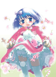 Rule 34 | 1girl, :3, bloomers, blue eyes, blue hair, blush, breasts, brown gloves, candy, candy cane, commentary request, feet out of frame, food, gingerbread man, gloves, jacket, long sleeves, looking at viewer, merchant (ragnarok online), okosama lunch (sendan), open mouth, pink jacket, pink skirt, poring, ragnarok online, short hair, shrug (clothing), skirt, skirt hold, slime (creature), small breasts, smile, thighhighs, underwear, white bloomers, white thighhighs, wrapped candy