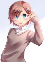 Rule 34 | 1girl, blue eyes, commentary request, hair ornament, hairclip, hand in own hair, highres, light brown hair, long sleeves, neit ni sei, open mouth, original, shadow, shirt, short hair, smile, solo, sweater, upper body, white background