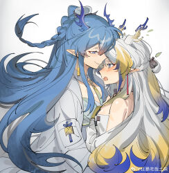 Rule 34 | 2girls, absurdres, arknights, bare shoulders, blonde hair, blue eyes, blue hair, blush, chinese commentary, closed mouth, commentary request, dragon girl, dragon horns, earrings, embarrassed, eye contact, face-to-face, floating hair, from side, grey hair, grey horns, half-closed eyes, heads together, highres, horns, incest, jewelry, kuangbao chi zai tu kuai, ling (arknights), long hair, long sleeves, looking at another, multicolored hair, multiple girls, off shoulder, open mouth, pointy ears, profile, purple hair, purple horns, red pupils, shu (arknights), siblings, sisters, sketch, smile, upper body, watermark, weibo logo, yellow horns, yuri