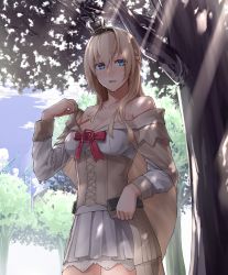 Rule 34 | 10s, 1girl, absurdres, bare shoulders, blonde hair, blue eyes, blush, braid, breasts, cape, cleavage, cloud, collarbone, corset, cowboy shot, crown, day, detached sleeves, dress, enosan, flower, french braid, garter straps, hair between eyes, hairband, highres, jewelry, kantai collection, large breasts, lens flare, light particles, light rays, long hair, long sleeves, looking at viewer, md5 mismatch, mini crown, necklace, off shoulder, open mouth, outdoors, red flower, red ribbon, red rose, resolution mismatch, ribbon, rose, sky, solo, source larger, standing, sunlight, sweat, thighhighs, tree, under tree, warspite (kancolle), white dress, white thighhighs