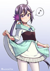 Rule 34 | 1girl, akebono (kancolle), bell, commentary request, cowboy shot, dress, dress shirt, eighth note, flower, gradient background, grey background, hair bell, hair flower, hair ornament, jingle bell, kantai collection, long hair, looking at viewer, musical note, official alternate costume, pantyhose, purple eyes, purple hair, shirt, side ponytail, solo, spoken musical note, standing, very long hair, white dress, white pantyhose, yuki to hana