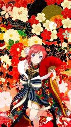 Rule 34 | 10s, 1girl, artist request, bow, hand fan, floral background, grey eyes, japanese clothes, kimono, love live!, love live! school idol festival, love live! school idol project, nishikino maki, official art, red hair, solo, third-party edit