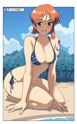 Rule 34 | 1girl, arm tattoo, bare shoulders, bikini, blue bikini, blush, border, breasts, brown eyes, cleavage, commentary, full body, grin, highres, looking at viewer, medium breasts, nami (one piece), navel, one piece, orange hair, short hair, side-tie bikini bottom, sitting, smile, solo, stomach, suoiresnu, swimsuit, tattoo, thighs, white border