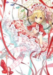 Rule 34 | 1girl, alternate costume, blonde hair, bonnet, clip studio paint (medium), crystal wings, dress, flandre scarlet, frilled dress, frills, full body, heart, holding, holding umbrella, looking at viewer, parasol, red eyes, solo, tika (mika4975), too many, too many frills, touhou, umbrella, wrist cuffs