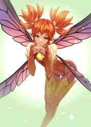 Rule 34 | 1other, absurdres, androgynous, bare shoulders, bodysuit, boots, fairy, fairy wings, feet out of frame, feo ul, final fantasy, final fantasy xiv, fingernails, flying, green background, grey eyes, highres, leaning forward, looking at viewer, onimoti, orange bodysuit, orange hair, own hands clasped, own hands together, pointy ears, sharp fingernails, short hair, short twintails, smile, solo, thigh boots, twintails, wings