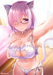 Rule 34 | 1girl, animal ear fluff, animal ears, arm up, backlighting, bed, bell, blush, bra, breasts, cat cutout, cat ear panties, cat ears, cat lingerie, choker, cleavage, cleavage cutout, clothing cutout, collarbone, cowboy shot, curtains, day, eyes visible through hair, fate/grand order, fate (series), frilled bra, frills, glasses, groin, hair over one eye, hand on own chest, hand up, indoors, izumi akane, jingle bell, large breasts, lavender bra, lavender panties, light purple hair, looking at viewer, mash kyrielight, meme attire, navel, nose blush, outstretched arm, panties, parted lips, purple eyes, short hair, side-tie panties, smile, solo, standing, strap slip, sunlight, twitter username, underwear, underwear only, wooden floor