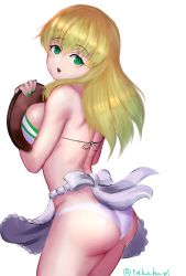 Rule 34 | 1girl, absurdres, apron, ass, back, bad id, bad pixiv id, bikini, blonde hair, breasts, carpaccio (girls und panzer), commentary, cowboy shot, from behind, girls und panzer, green eyes, green nails, highres, holding, holding tray, leaning forward, looking at viewer, looking back, medium breasts, nail polish, one-hour drawing challenge, open mouth, simple background, solo, standing, swimsuit, takefu jiin, tray, twitter username, waist apron, white apron, white background, white bikini