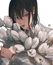 Rule 34 | 1boy, bishounen, black hair, bouquet, brown eyes, closed mouth, commentary, crying, crying with eyes open, flower, hair between eyes, highres, holding, holding bouquet, holding flower, kagoya1219, long hair, looking at viewer, male focus, medium hair, hugging object, original, shirt, signature, simple background, solo, streaming tears, tears, tulip, upper body, white background, white flower, white shirt, white tulip