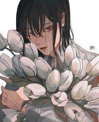 1boy bishounen black_hair bouquet brown_eyes closed_mouth commentary crying crying_with_eyes_open flower hair_between_eyes highres holding holding_bouquet holding_flower kagoya1219 long_hair looking_at_viewer male_focus medium_hair hugging_object original shirt signature simple_background solo streaming_tears tears tulip upper_body white_background white_flower white_shirt white_tulip