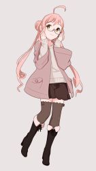 Rule 34 | 10s, 1girl, adjusting eyewear, ahoge, blonde hair, boots, casual, double bun, full body, glasses, grey background, kantai collection, knee boots, long hair, makigumo (kancolle), ojipon, pink hair, smile, solo, sweater, thighhighs, twintails, very long hair