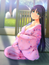 Rule 34 | 1girl, bad id, bad pixiv id, bare shoulders, black hair, blurry, blush, breasts, cleavage, depth of field, floral print, green eyes, huge breasts, japanese clothes, kimono, kneeling, large breasts, long hair, original, seiza, sitting, solo, tatami, yuzuriha (active homing)