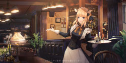 Rule 34 | 1girl, absurdres, alcohol, animal ears, bar (place), blonde hair, blue eyes, bottle, chair, commentary request, cup, drinking glass, fantasy, hair ornament, hand up, hanging light, highres, holding, holding tray, indoors, long sleeves, looking at viewer, neck ribbon, open mouth, original, plant, ribbon, sagiri (ulpha220), short hair, solo, standing, tray, waitress, yellow ribbon