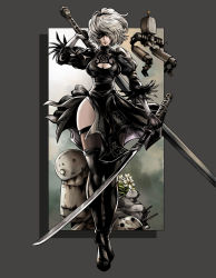 Rule 34 | 1girl, black blindfold, black dress, black footwear, black hairband, blindfold, boots, breasts, cleavage, cleavage cutout, clothing cutout, covered eyes, dress, drone, dual wielding, closed eyes, feather-trimmed sleeves, full body, hairband, highres, holding, holding sword, holding weapon, huge weapon, juliet sleeves, legs, leotard, long legs, long sleeves, machine (nier), medium breasts, narrow waist, nier (series), nier:automata, no mole, pod (nier:automata), puffy sleeves, robot, see-through, see-through legwear, side slit, silver hair, skindentation, solo, sword, thigh boots, thighhighs, thighhighs under boots, thighs, to-ru, virtuous contract, virtuous treaty, walking, weapon, white leotard, wide hips, wind, 2b (nier:automata)