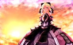 Rule 34 | 1girl, ahoge, armor, armored dress, artoria pendragon (all), artoria pendragon (fate), backlighting, bare shoulders, black bow, blonde hair, blush, bow, closed mouth, commentary request, cowboy shot, fate (series), faulds, green eyes, hair bow, looking at viewer, orange sky, outdoors, parted bangs, saber (fate), saber lily, short hair, sky, smile, solo, standing, sunset, tazaki hayato