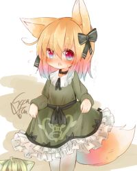 Rule 34 | 2girls, :&lt;, animal ear fluff, animal ears, blush, bow, collared dress, commentary request, dress, fox ears, fox girl, fox tail, frilled dress, frills, green bow, green dress, green hair, hair between eyes, hair bow, long sleeves, multiple girls, original, pantyhose, parted lips, red eyes, signature, sleeves past wrists, solo focus, sunapua, sweat, tail, triangle mouth, white background, white legwear