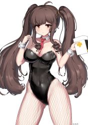 Rule 34 | 1girl, ahoge, artist name, bad id, bad twitter id, black leotard, bow, bowtie, breasts, brown hair, covered navel, detached collar, drill hair, fishnet pantyhose, fishnets, gluteal fold, highres, large breasts, leotard, lily bloomerchen, long hair, looking at viewer, necktie, noon maru, pantyhose, playboy bunny, red eyes, red neckwear, simple background, solo, soulworker, strapless, strapless leotard, twin drills, twintails, very long hair, white background, wrist cuffs