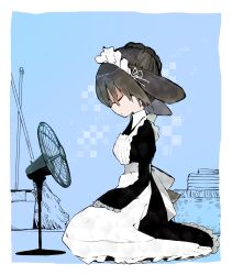 Rule 34 | 1girl, animal ears, apron, basket, black dress, blue background, border, braid, breasts, broom, brown hair, bucket, closed eyes, closed mouth, collared dress, commentary request, dress, electric fan, floppy ears, french braid, frilled apron, frilled dress, frilled sleeves, frills, from side, full body, glasses, hands on lap, highres, juliet sleeves, long sleeves, maid, maid headdress, medium breasts, monochrome background, original, profile, puffy sleeves, rabbit ears, sakutake (ue3sayu), semi-rimless eyewear, sitting, solo, towel, under-rim eyewear, white apron, white border, wide sleeves, yellow-framed eyewear