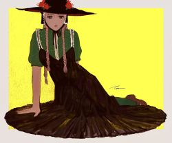 Rule 34 | 1girl, black dress, black hat, braid, brown hair, dress, flower, full body, green shirt, green socks, hat, hat flower, highres, long hair, looking at viewer, original, quad braids, red flower, red footwear, shirt, shoes, short sleeves, signature, simple background, sitting, socks, solo, toktin zq, witch hat, yellow background