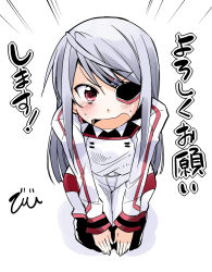 Rule 34 | 10s, 1girl, bibi02, eyepatch, infinite stratos, laura bodewig, long hair, red eyes, seiza, silver hair, simple background, sitting, solo, translation request, uniform