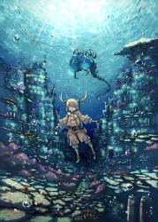 Rule 34 | 1girl, blonde hair, bubble, diving, fish, highres, original, page (page1555), propeller, scenery, solo, sun, twintails, underwater, water