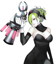 Rule 34 | 1girl, bad id, bad pixiv id, bare shoulders, breasts, cleavage, earrings, elbow gloves, female focus, gloves, green hair, jewelry, kimura daisuke, large breasts, original, pale skin, red eyes, simple background, solo, syringe, white background