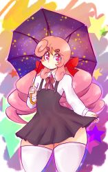 Rule 34 | 1boy, absurdres, androgynous, blush stickers, bow, child, crossdressing, curly hair, curvy, dress, hair bow, highres, king stellos (yellow kirby), long hair, male focus, original, pink eyes, pink hair, pleated skirt, short dress, skirt, solo, thick thighs, thighhighs, thighs, trap, umbrella, wide hips, yellow kirby