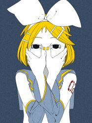 Rule 34 | 1girl, alternate eye color, bags under eyes, black eyes, blonde hair, bow, commentary, covering own mouth, crossed arms, hair bow, hair ornament, hairband, hairclip, half-closed eyes, hands on own face, hands up, highres, ikki (inferiorin), kagamine rin, limited palette, looking at viewer, number tattoo, parted bangs, ringed eyes, school uniform, serafuku, shirt, short hair, shoulder tattoo, sleeveless, sleeveless shirt, solo, static, tattoo, upper body, vocaloid, yellow nails