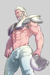 Rule 34 | 1boy, abs, american football, american football uniform, artist name, bara, beard, biceps, evinist, facial hair, headgear, highres, looking at viewer, male focus, manly, mature male, muscular, muscular male, navel, overwatch, overwatch 1, pants, pectorals, reinhardt (overwatch), scar, scar on face, shoulder pads, signature, solo, sportswear, thick arms, thick thighs, thighs, tight clothes, topless male