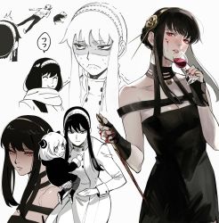 Rule 34 | &gt;:(, 2girls, ^ ^, alcohol, anya (spy x family), bare shoulders, black dress, black gloves, black hair, blood, blood on face, blood on hands, bloody weapon, breasts, buttons, carrying, carrying person, cleavage, closed eyes, coat, collarbone, commentary, cropped torso, cup, dress, drinking glass, earrings, fingerless gloves, gloves, hairband, highres, holding, holding cup, holding weapon, jewelry, lineart, looking at viewer, looking to the side, multiple girls, multiple views, nail polish, parted lips, red eyes, red nails, roru (lol dessin), scarf, short hair with long locks, sidelocks, simple background, spy x family, sweat, v-shaped eyebrows, weapon, white background, wine, wine glass, yor briar