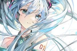 Rule 34 | 1girl, aqua eyes, aqua necktie, armpit crease, bare shoulders, blue hair, close-up, collared shirt, detached sleeves, expressionless, eyelashes, facing viewer, floating hair, grey shirt, hair between eyes, hatsune miku, head tilt, headset, highres, light blue hair, light particles, long hair, looking afar, necktie, number tattoo, parted lips, shirt, shoulder tattoo, shunka tunacan, sidelighting, sidelocks, simple background, sleeveless, sleeveless shirt, solo, straight hair, tattoo, tsurime, twintails, upper body, very long hair, vocaloid, white background