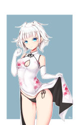 Rule 34 | 1girl, bad id, bad pixiv id, bare shoulders, black panties, blue eyes, breasts, character cutout, chinese clothes, cleavage, cleavage cutout, clothing cutout, dot nose, dress, elbow gloves, floral print, gloves, grey background, highres, lis zhu long, looking at viewer, medium breasts, original, outline, panties, short hair, smile, solo, standing, star (symbol), two-tone background, underwear, white background, white dress, white gloves, white hair, white outline