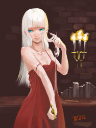 Rule 34 | 1girl, blue eyes, blunt bangs, book, candle, candlelight, candlestand, chitose shuusui, dated, holding, holding sword, holding weapon, indoors, long hair, looking at viewer, nightgown, original, pen, sidelocks, signature, solo, sword, weapon, white hair