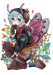 Rule 34 | 1boy, antennae, artist name, bloomminority, blue hair, brown eyes, butterfly boy, butterfly wings, fantasy, floral background, flower, full body, gloves, hat, highres, insect wings, kneeling, long sleeves, looking at viewer, male focus, on one knee, orange flower, original, own hands together, short hair, solo, steampunk, twitter username, white background, wings, yellow flower