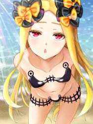 Rule 34 | 1girl, abigail williams (fate), abigail williams (swimsuit foreigner) (fate), abigail williams (swimsuit foreigner) (first ascension) (fate), absurdres, bare shoulders, beach, bikini, black bikini, black bow, blonde hair, blush, bow, breasts, collarbone, fate/grand order, fate (series), forehead, highres, leaning forward, long hair, looking at viewer, manu lee, multiple bows, navel, open mouth, orange bow, parted bangs, red eyes, shore, sidelocks, small breasts, swimsuit, thighs, very long hair